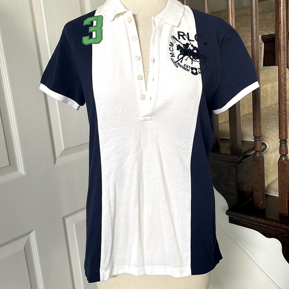 Ralph Lauren navy white slim fit polo shirt patch logo L EUC